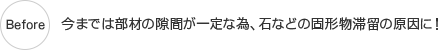 今までは部材の隙間が一定な為、石などの固形物滞留の原因に！ 